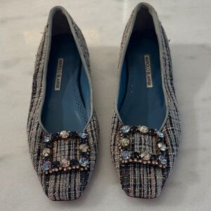 Manolo Blahnik Black and Gray Tweed Flats with Embellished Buckle